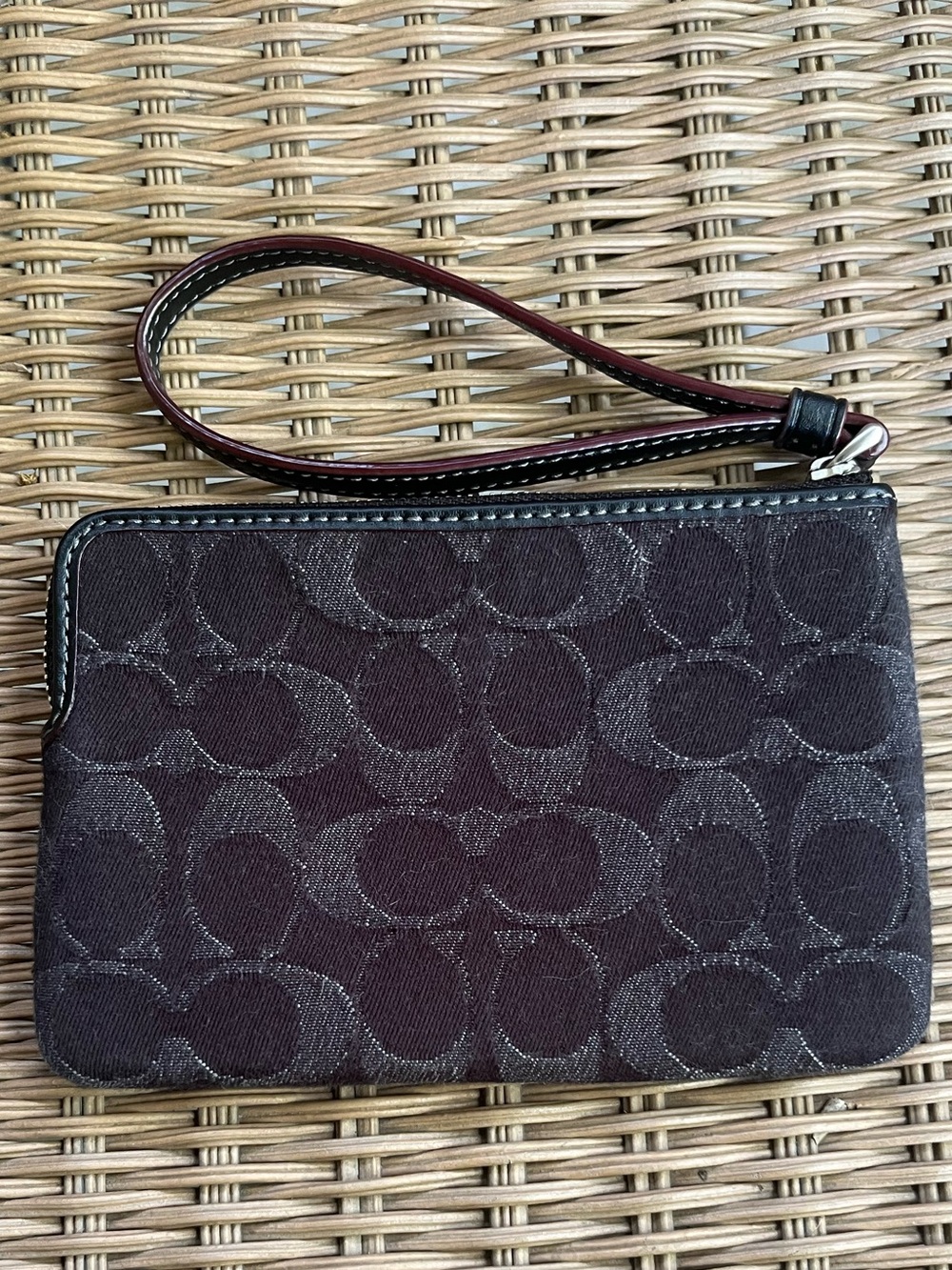 Coach Black Denim Wallet with a Deep Burgundy Lined Wristlet and Silver Hardware - Picture 2 of 4